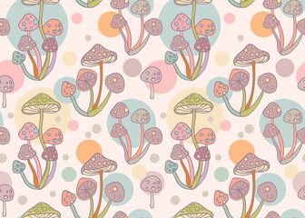 Fototapeta na wymiar Magic mushrooms. Psychedelic hallucination. Vibrant vector illustration. 60s hippie colorful background, hippie and boho texture. Ttrippy wallpaper.