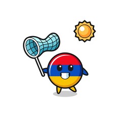 Fototapeta premium armenia flag mascot illustration is catching butterfly
