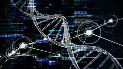 Animation of dna strand and network of connections over light trails - Powered by Adobe
