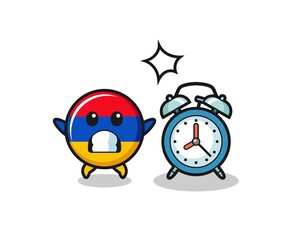 Cartoon Illustration of armenia flag is surprised with a giant alarm clock