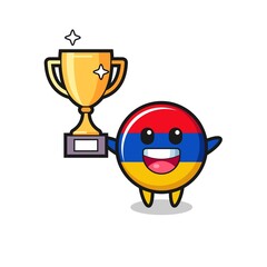 Cartoon Illustration of armenia flag is happy holding up the golden trophy