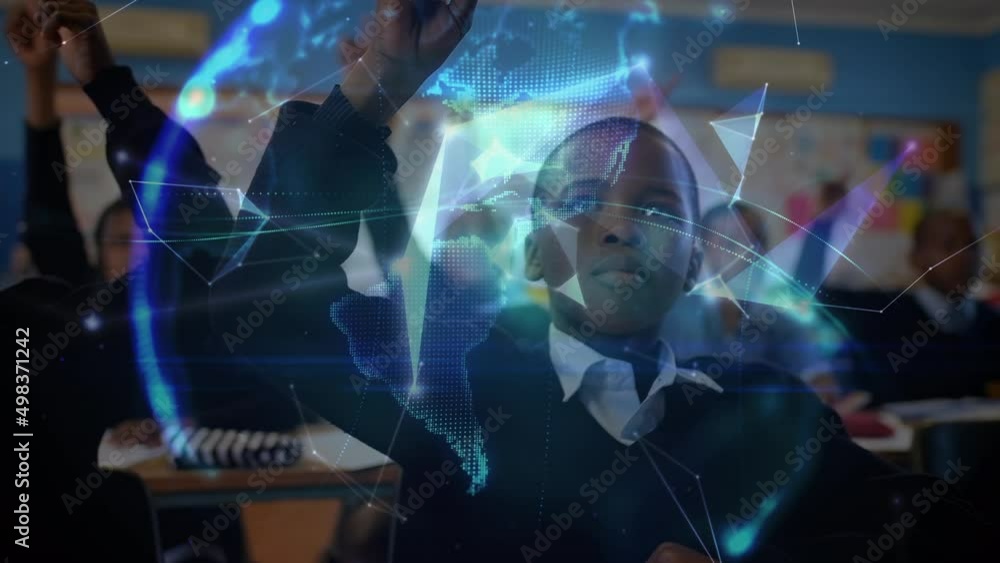 Poster animation of networks of connections and globe over diverse schoolchildren in classroom
