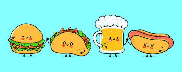 Cute, funny happy glass of beer, hot dog, hamburger, taco . Vector hand drawn cartoon kawaii characters, illustration icon. Funny cartoon glass of beer, hot dog, hamburger, taco mascot friends concept