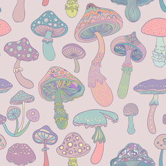 Magic mushrooms. Psychedelic hallucination. Vibrant vector illustration. 60s hippie colorful background, hippie and boho texture. Ttrippy wallpaper.