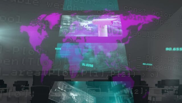 Animation of world map and digital screens over office