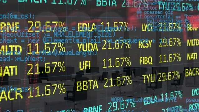 Animation of data processing and stock market over office
