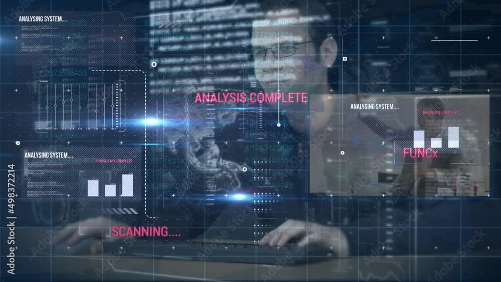 Poster animation of financial data processing over man using computer