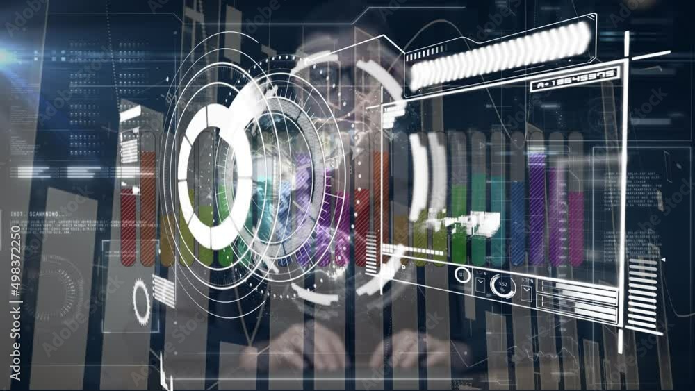 Poster animation of financial data processing over man using computer