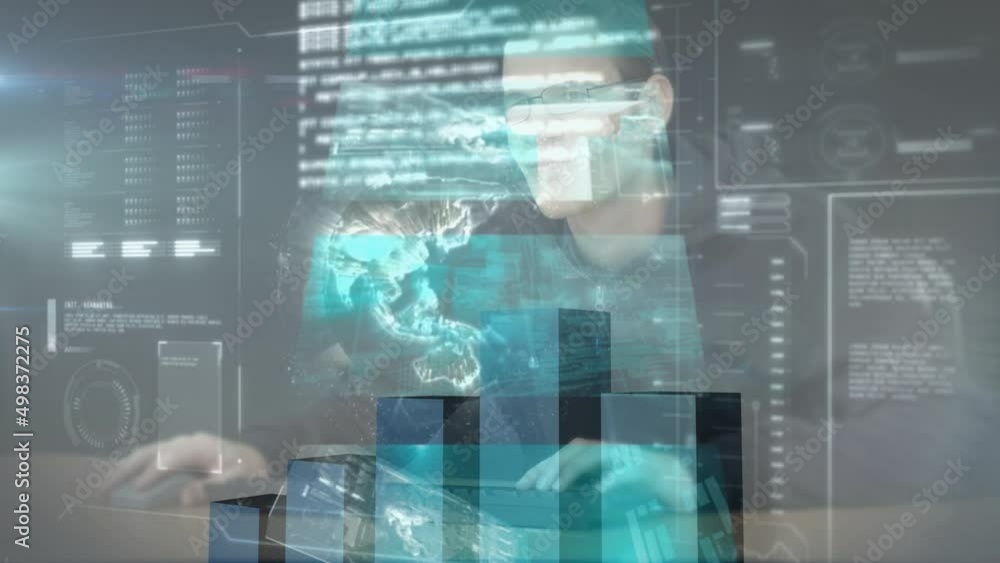 Poster animation of financial data processing over man using computer