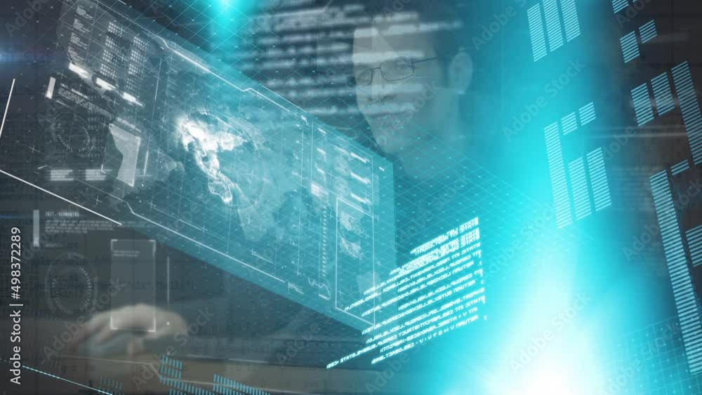 Poster animation of financial data processing over man using computer