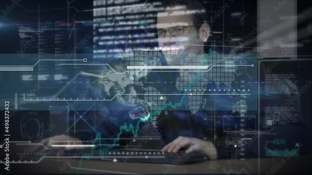 Poster animation of financial data processing over man using computer