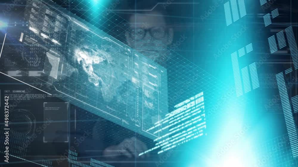 Poster animation of financial data processing over man using