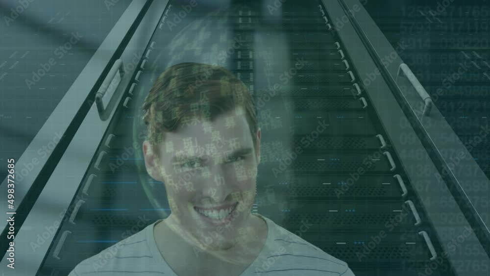 Poster animation of data processing over businessman in server room