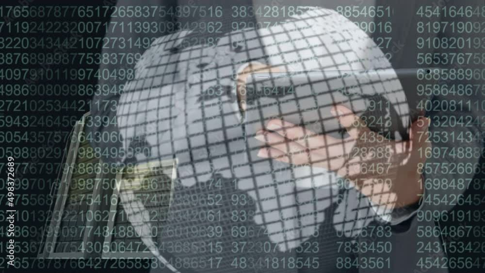 Poster animation of data processing over businessman in server room