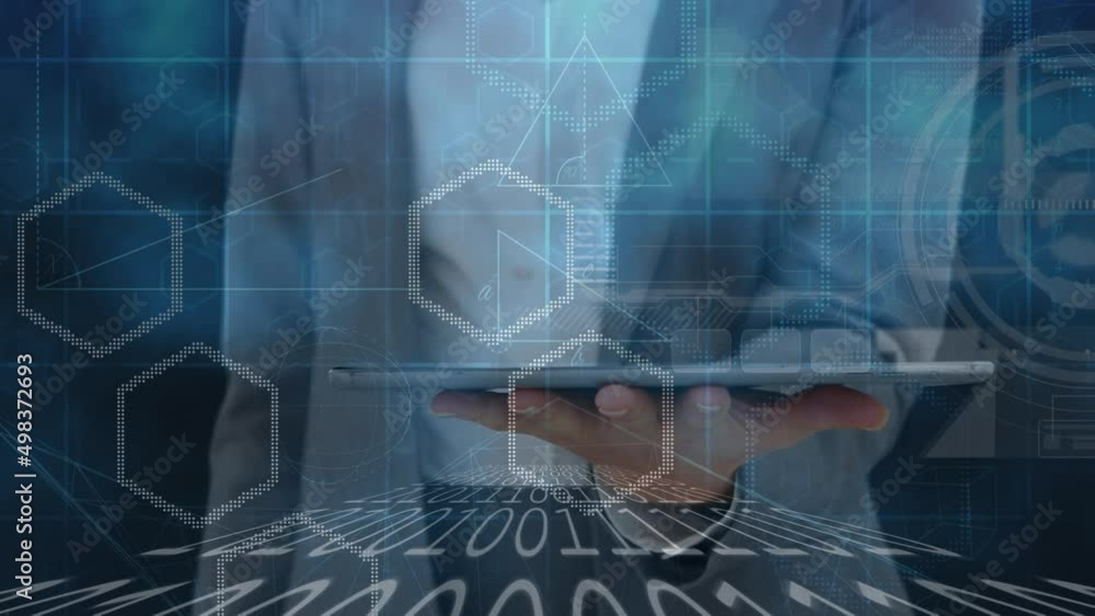 Poster animation of data processing over businessman