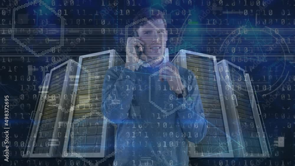 Aufkleber animation of data processing over businessman in server room