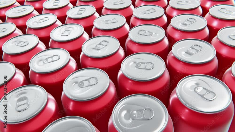 Poster realistic tracking camera looping 3d animation of the red drink cans rendered in uhd