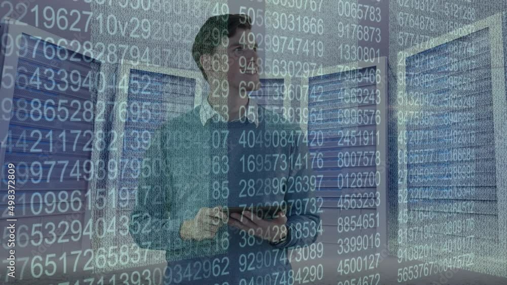 Aufkleber animation of data processing over businessman in server room