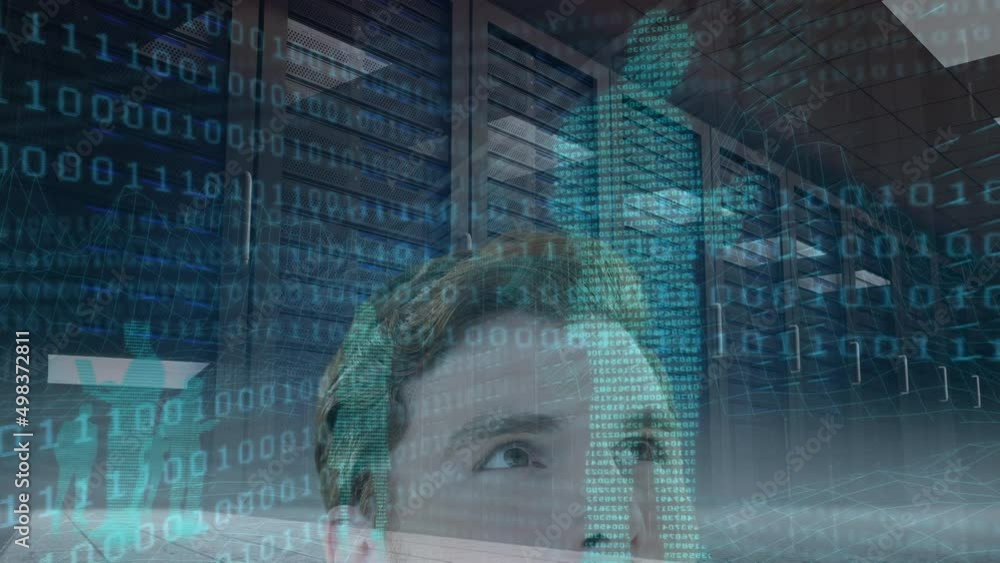 Aufkleber animation of data processing over businessman in server room