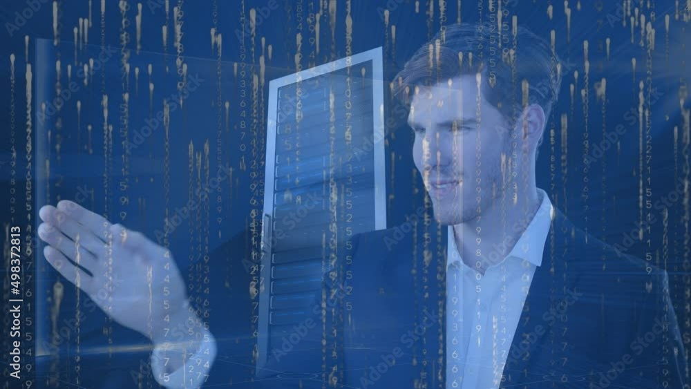 Poster animation of data processing over businessman in server room