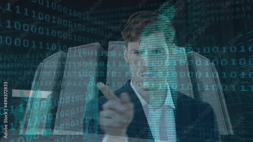 Poster animation of data processing over businessman in server room