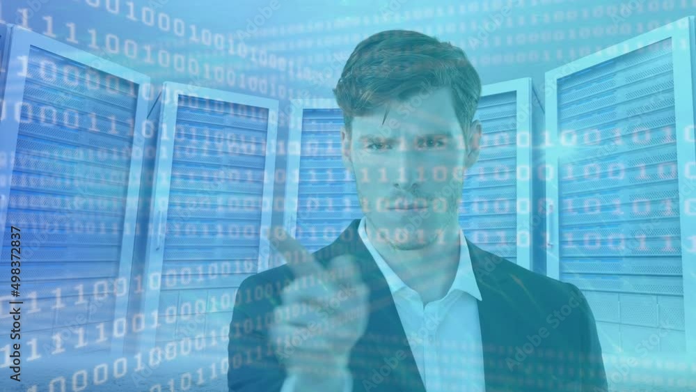 Poster animation of data processing over businessman in server room