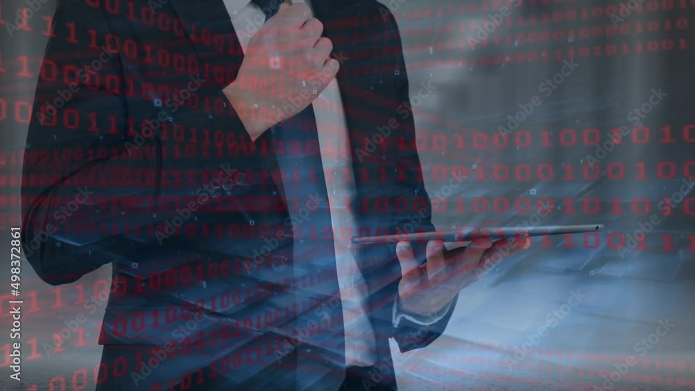Poster animation of data processing over businessman in server room