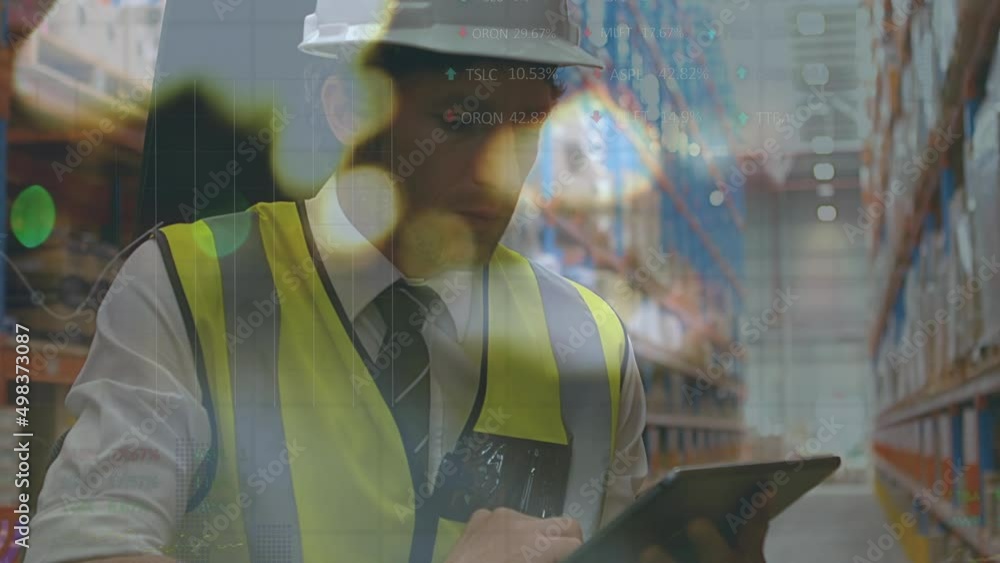 Poster animation of financial data processing over people working in warehouse