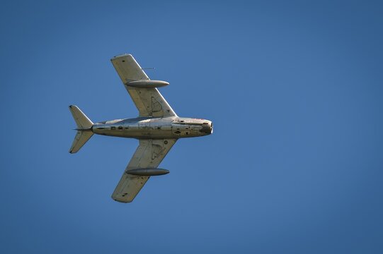 Gdynia, Poland - August 22, 2021: MIG-15 flight at the Aero Baltic show in Gdynia, Poland.