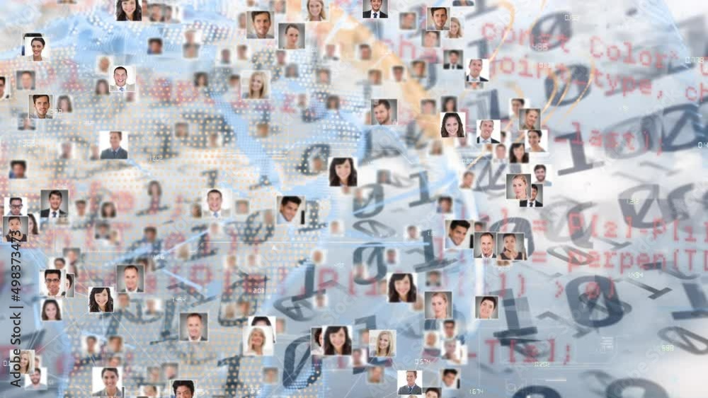 Poster animation of network of connections with pictures of people over data processing