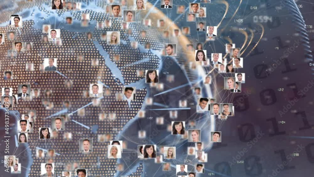 Poster animation of network of connections with pictures of people over data processing