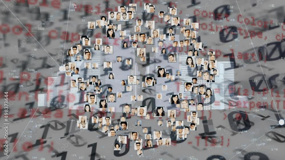 Poster animation of network of connections with pictures of people over data processing
