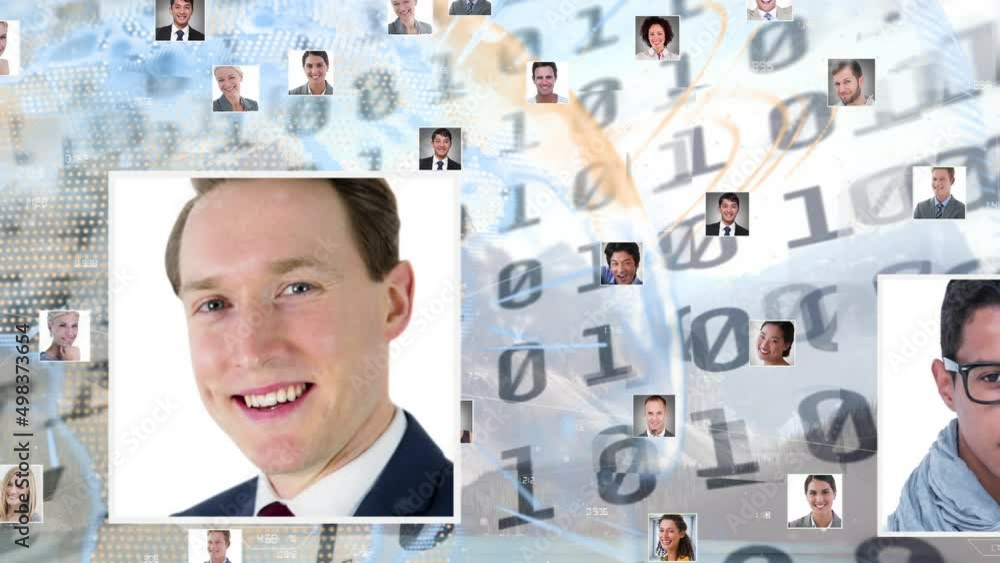Poster animation of network of connections with pictures of people over data processing