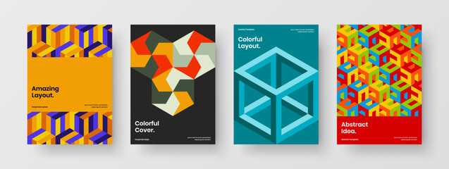 Fototapeta premium Multicolored mosaic hexagons leaflet layout set. Simple postcard design vector template bundle.