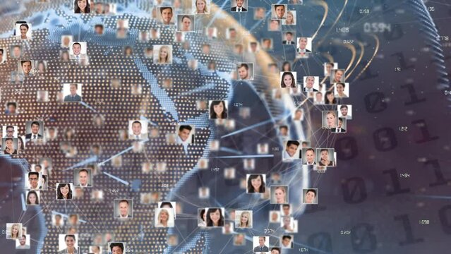 Animation of network of connections with pictures of people over data processing