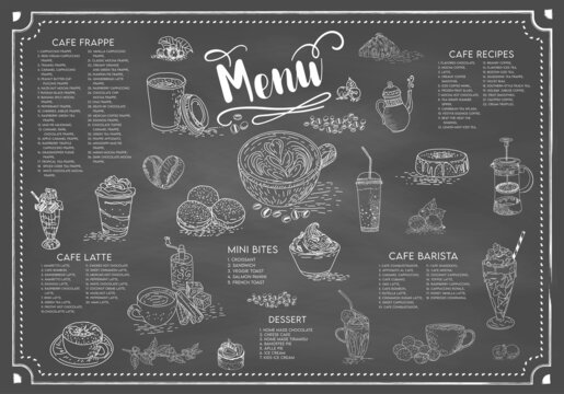 Coffee illustration for poster or menu template. Decorative sketch of cup of coffee. Restaurant cafe menu, template design. Food flyer. Vector.