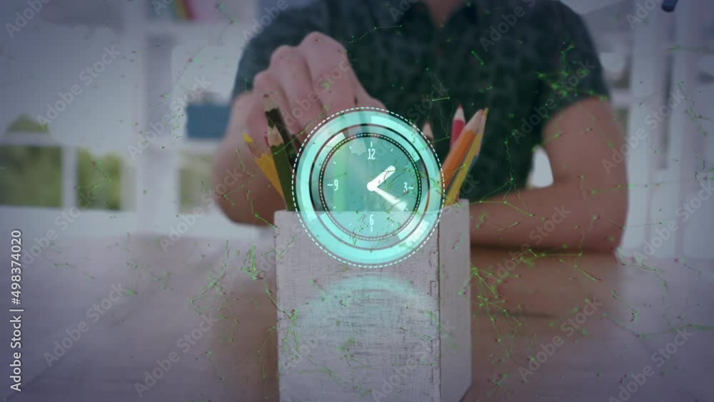 Poster animation of clock and network of connections over studding man