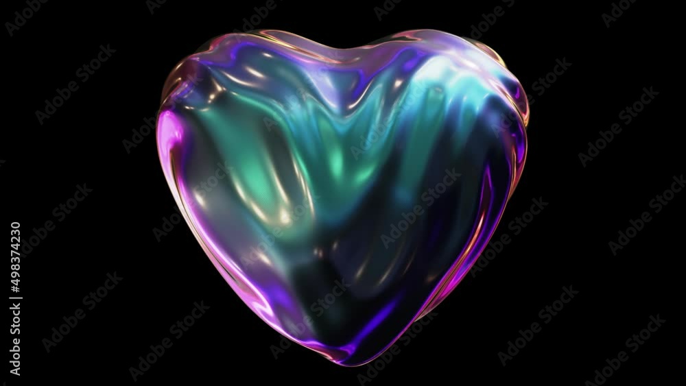 Poster realistic looping 3d animation of the abstract morphing pearly iridescent liquid metal heart rendere