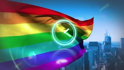 Animation of rainbow flag over cityscape - Powered by Adobe