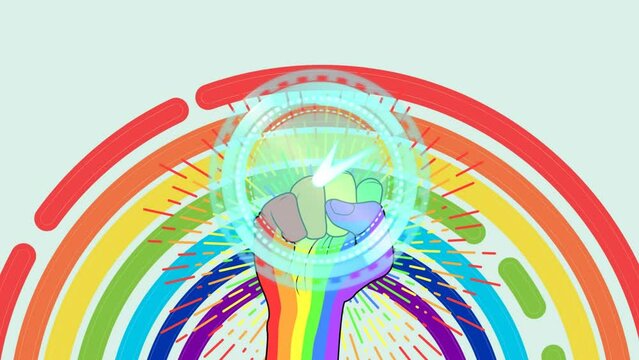 Animation of clock over fist and rainbow lgbt flag