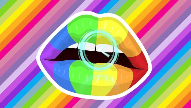 Animation of clock over mouth and rainbow lgbt flag