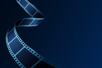 Realistic film stripe wave on blue background with place for text. Modern 3d isometric film strip in perspective. Cinema Background with film reel. Design template cinema festival banner, poster. - obrazy, fototapety, plakaty