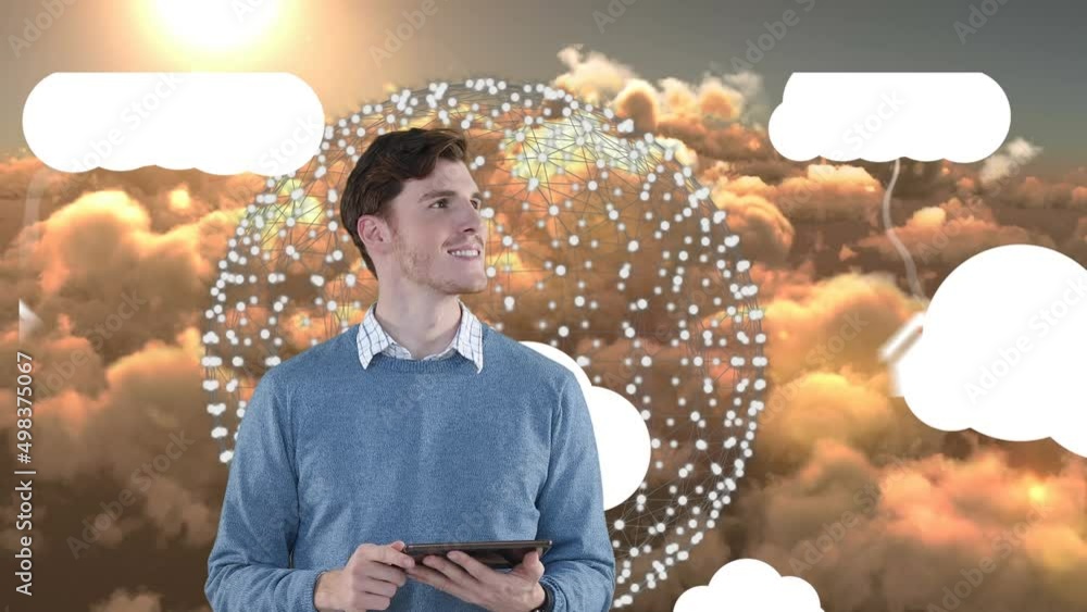 Poster animation of man using tablet over cloudy sky