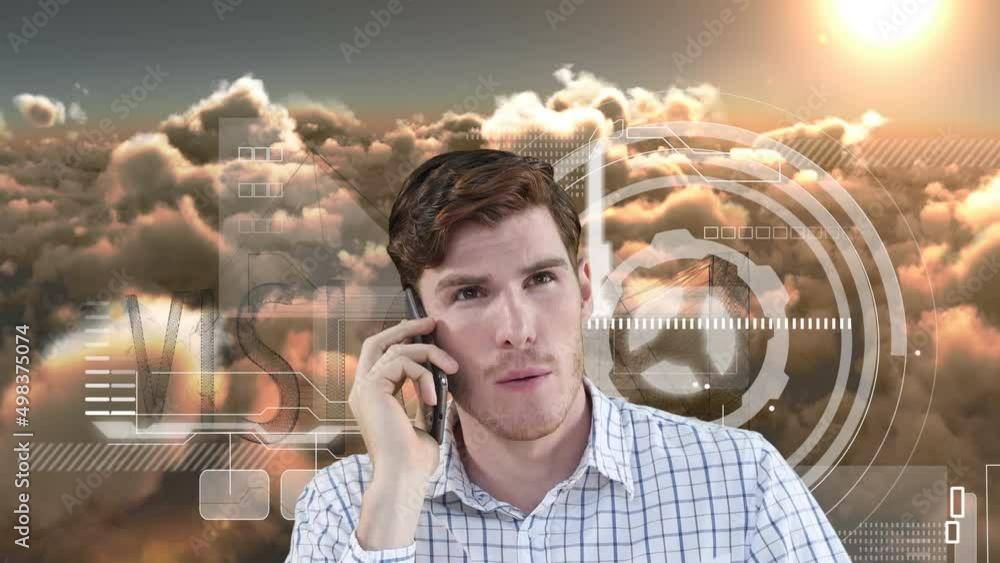 Poster animation of man using smartphone and digital interface over cloudy sky