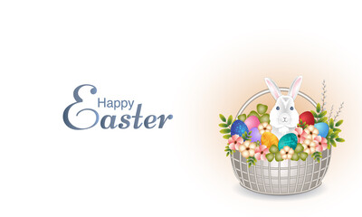 Easter day design. Basket with flowers, painted eggs and a rabbit. Holiday banner, web poster, flyer, stylish brochure, greeting card, cover. Spring Easter background.