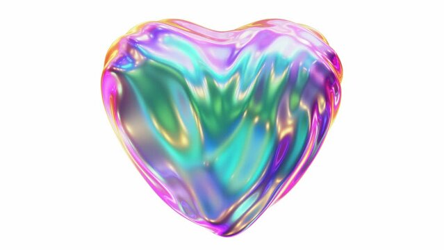 Realistic looping 3D animation of the abstract morphing pearly iridescent liquid glass heart against white rendered in UHD with alpha matte