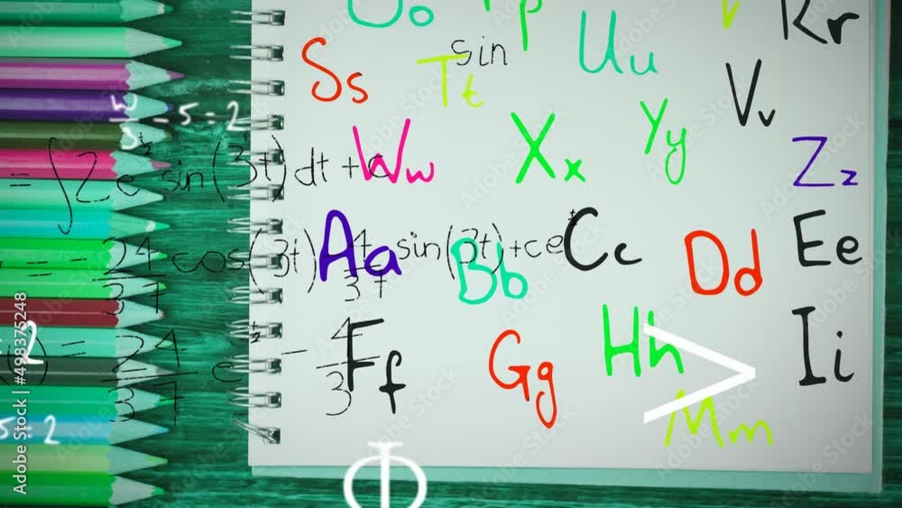 Poster animation of moving mathematical formulas and letters over crayons and notebook
