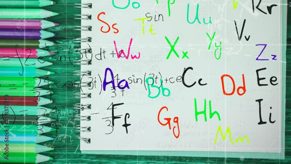 Poster animation of moving mathematical formulas and letters over crayons and notebook