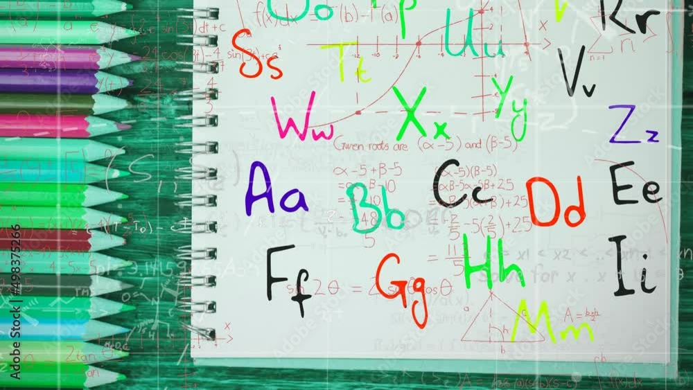 Poster animation of moving mathematical formulas and letters over crayons and notebook
