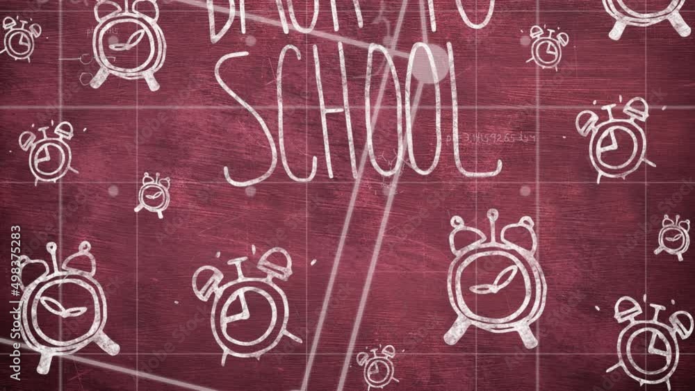 Poster animation of back to school text and falling alarm clocks over red background